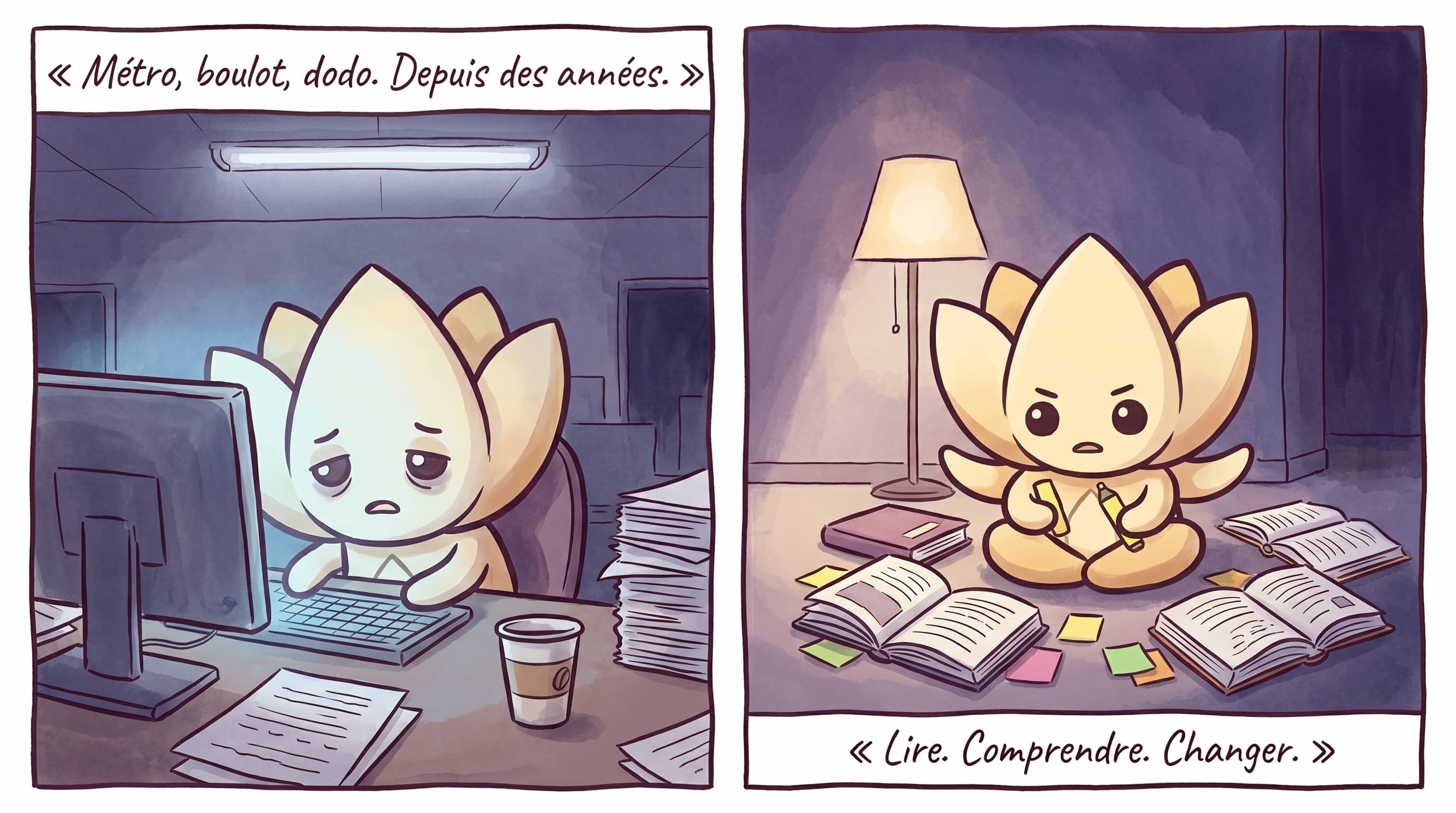 Lotus exhausted in front of his screen at the office; Lotus surrounded by self-help books.