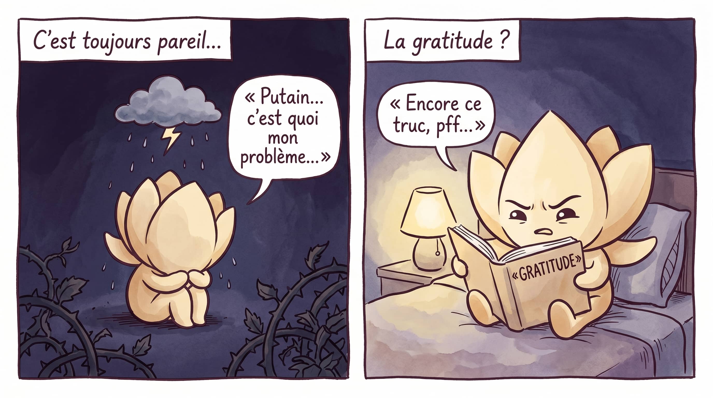 Lotus curled up in the dark with brambles around him; Lotus puzzled by the word « gratitude » in a book.