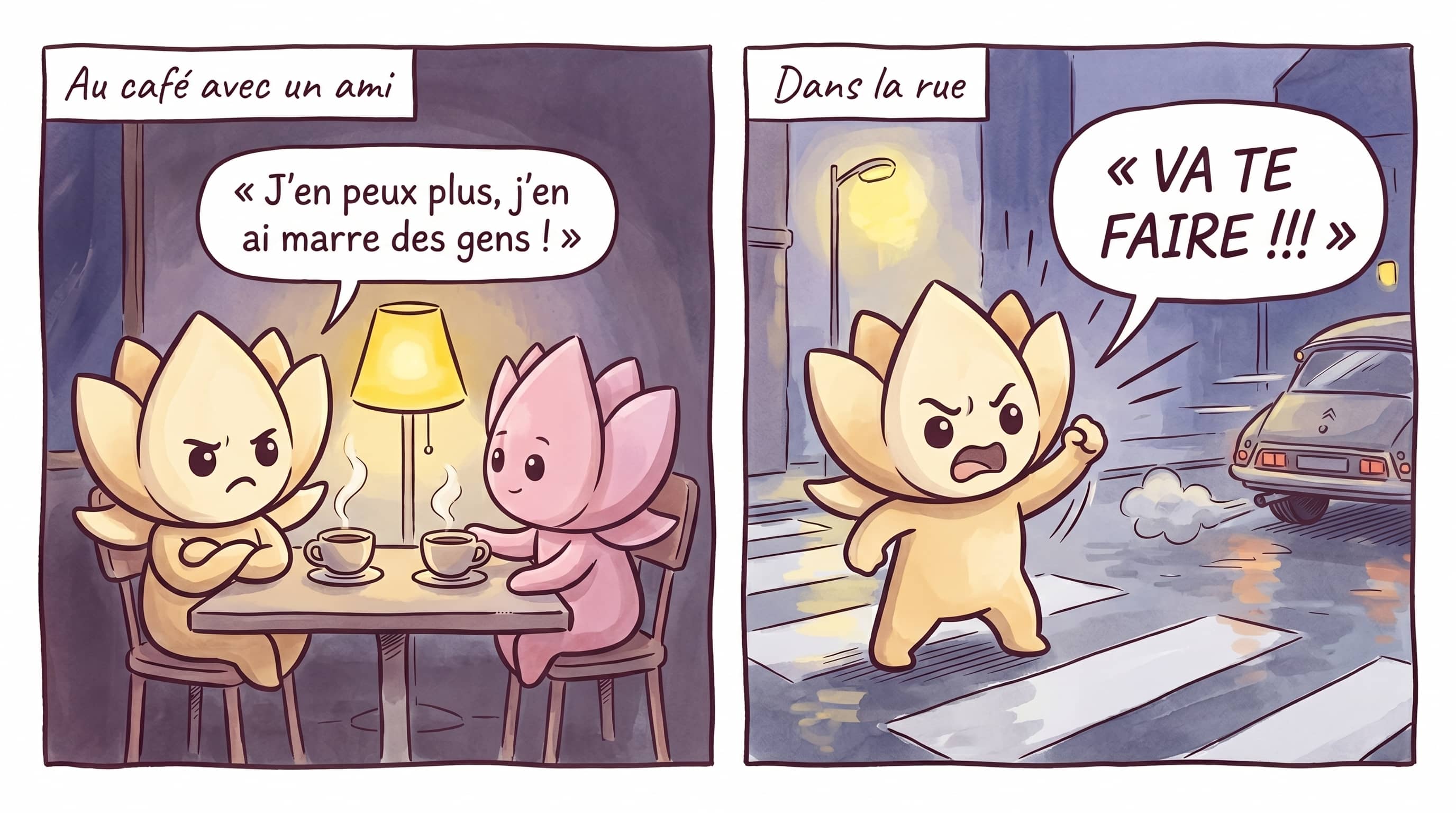 Lotus pushing away a friend trying to help at a café; Lotus furious at a driver on the street.