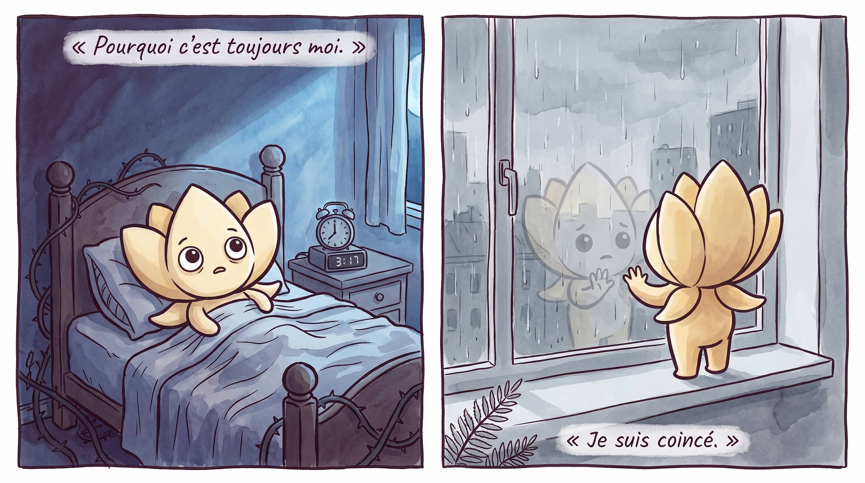 Lotus sleepless in bed at 3 a.m.; Lotus at the window, defeated, in a gray rain.