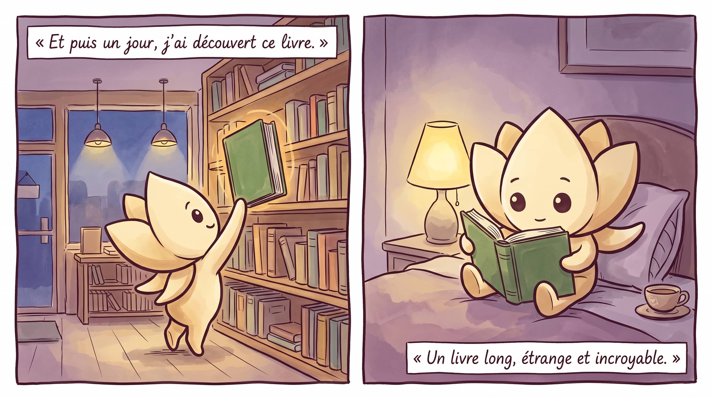 Lotus discovers a book in a bookshop; Lotus devours the book in bed.