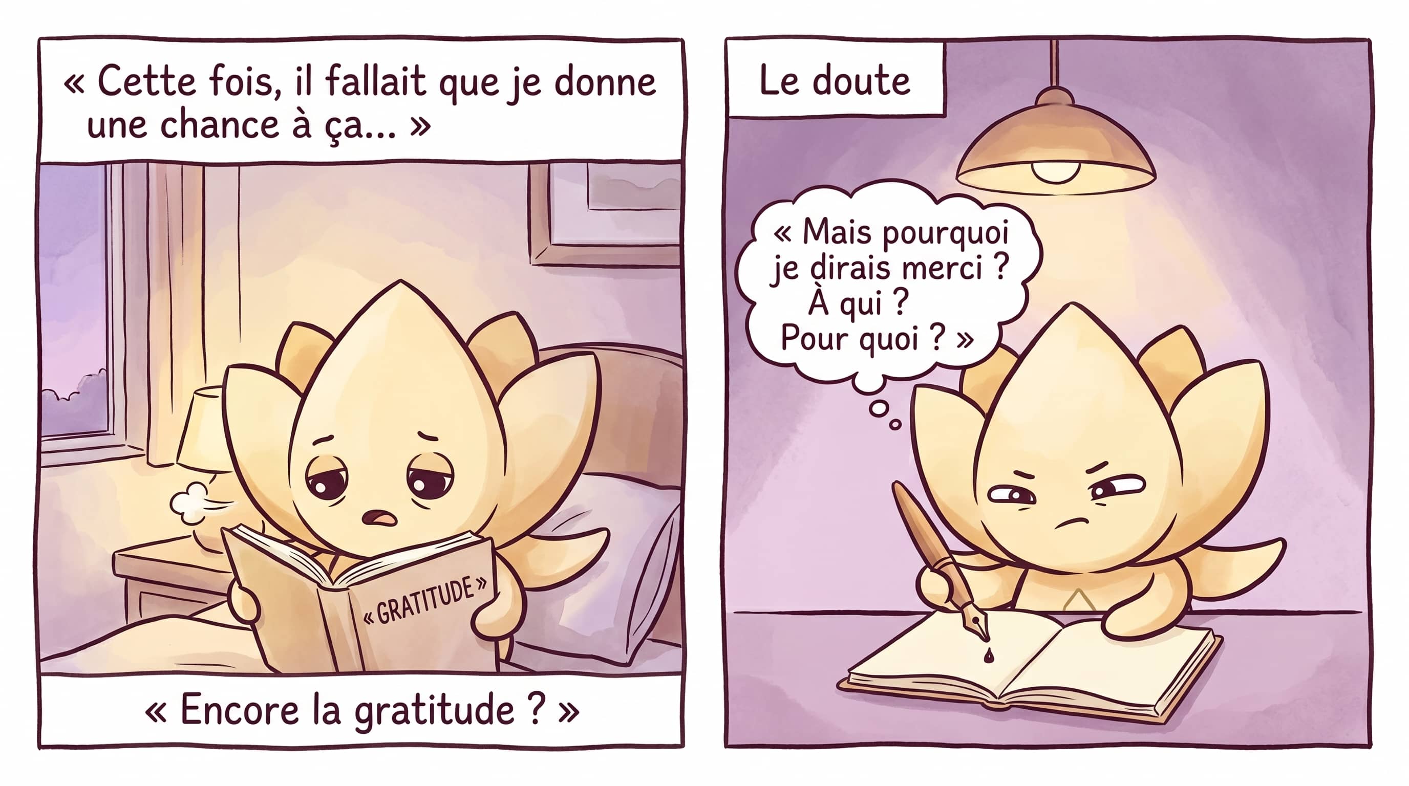 Lotus reads the word « gratitude » for the umpteenth time; Lotus, hesitant, picks up a pen to write.