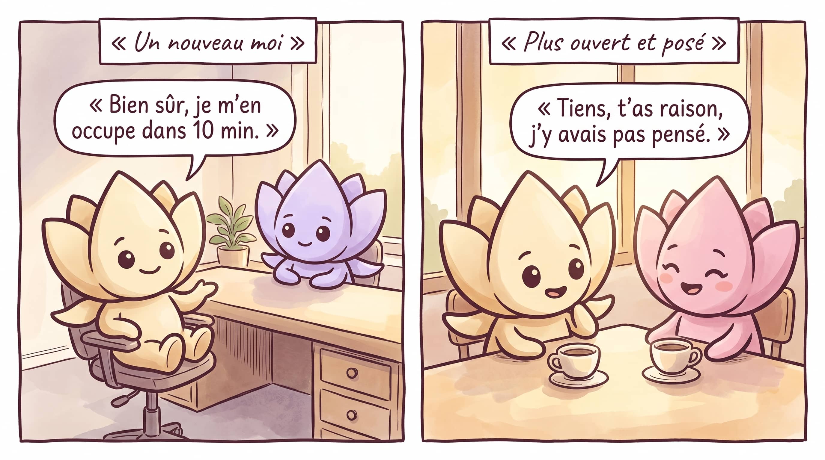 Lotus responding calmly to his coworker; Lotus truly listening to his friend at the café.