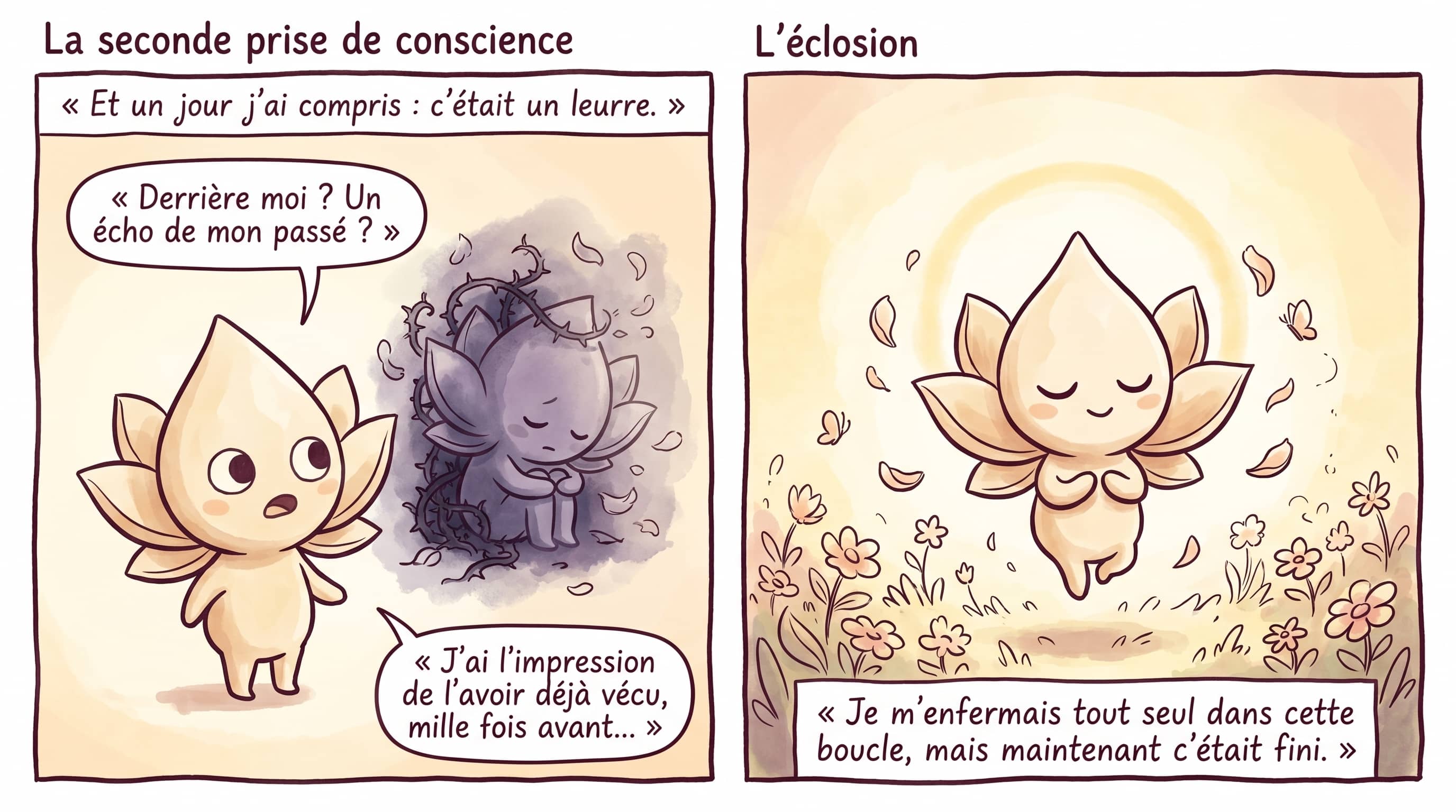 Lotus watching his dark past dissolve into petals; Lotus levitating, surrounded by flowers, in a luminous garden.